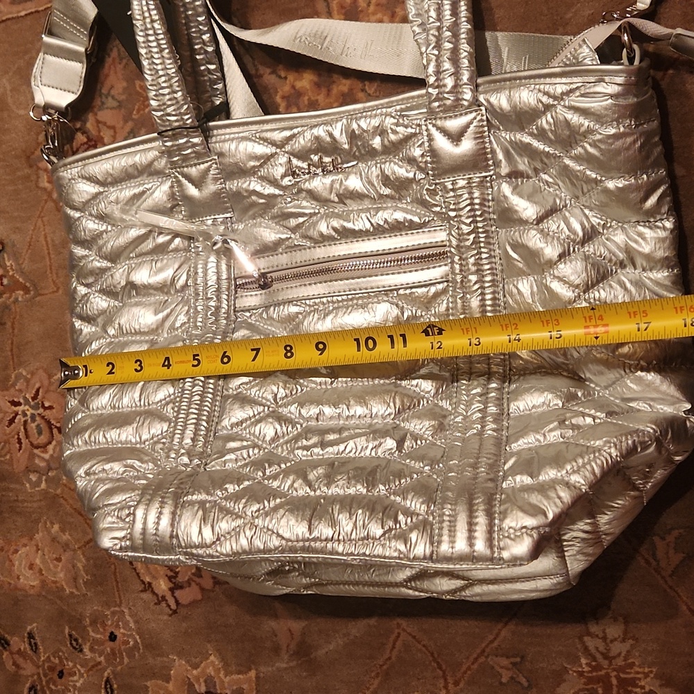 Nicole Miller Silver Quilted Women's Tote Bag Fancy Weekender Shoulder Bag - Picture 9 of 16